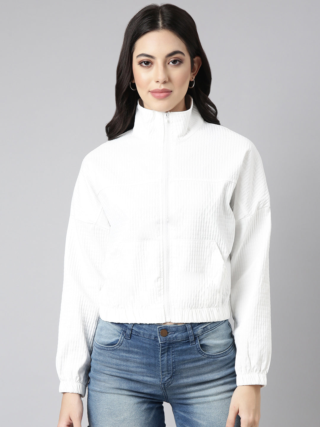 Women Solid White Crop Oversized Drop Shoulder Bomber Jacket