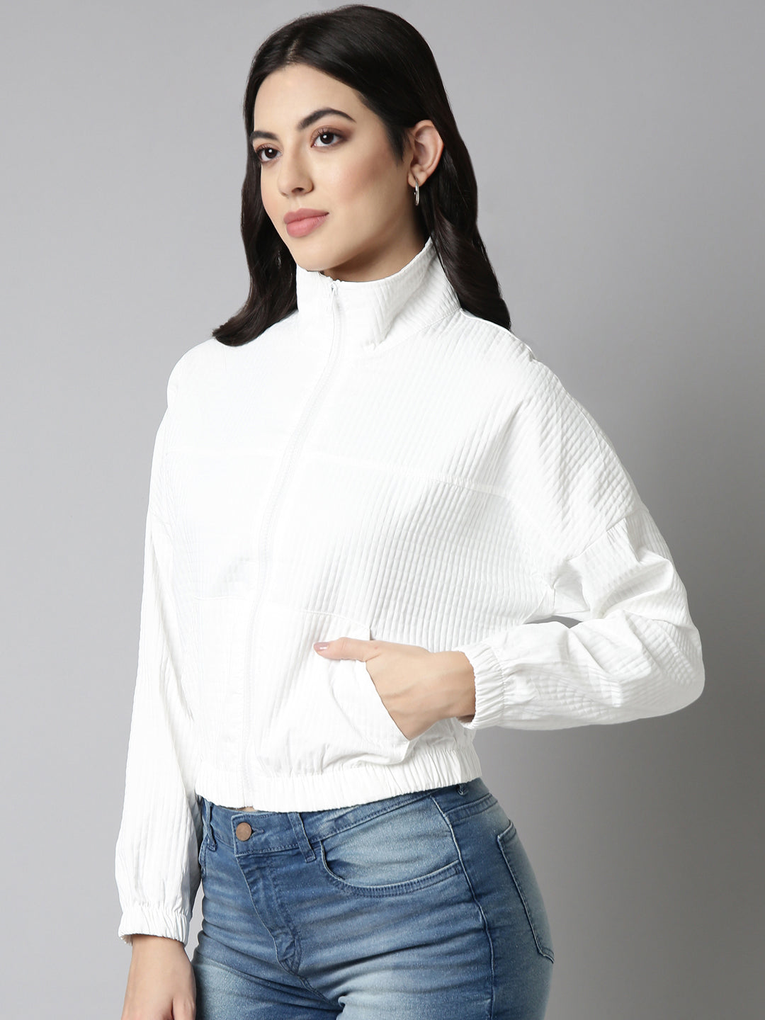 Women Solid White Crop Oversized Drop Shoulder Bomber Jacket