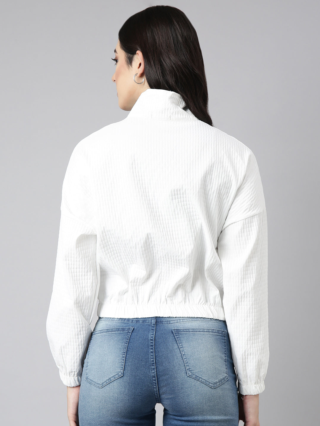 Women Solid White Crop Oversized Drop Shoulder Bomber Jacket