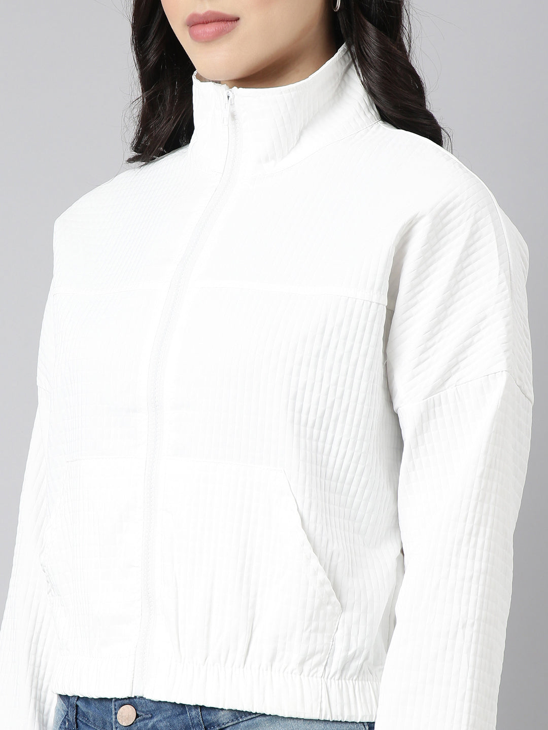 Women Solid White Crop Oversized Drop Shoulder Bomber Jacket