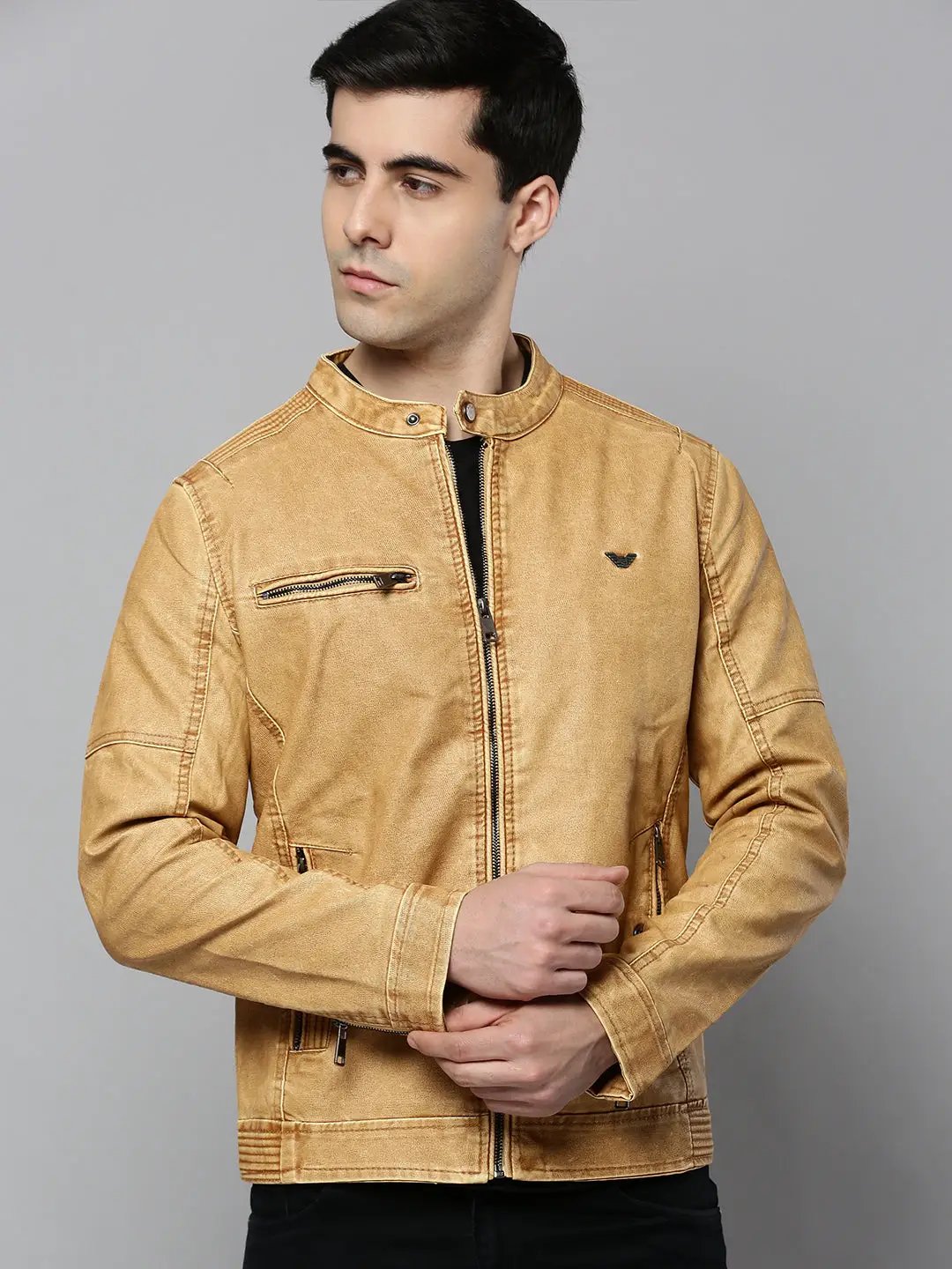Men's Beige Solid Western Jacket