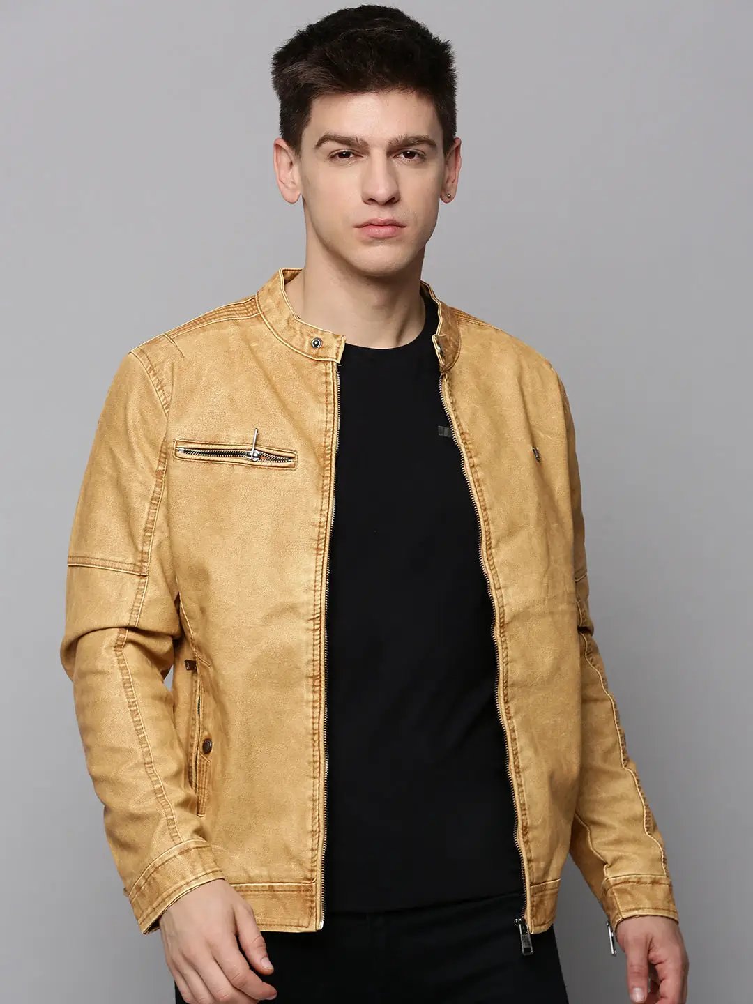 Men's Beige Solid Western Jacket