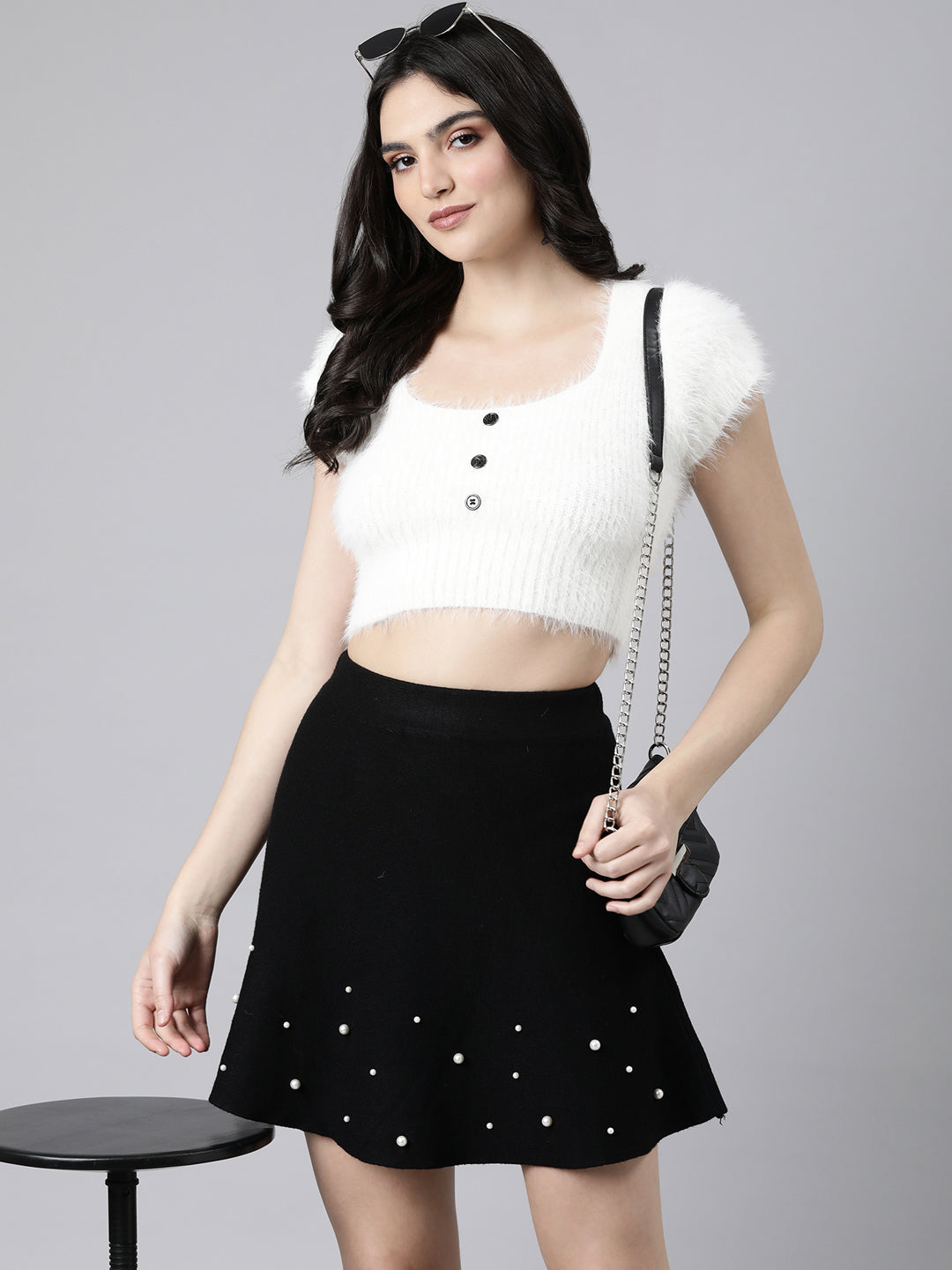 Women Solid Off White Fitted Crop Top