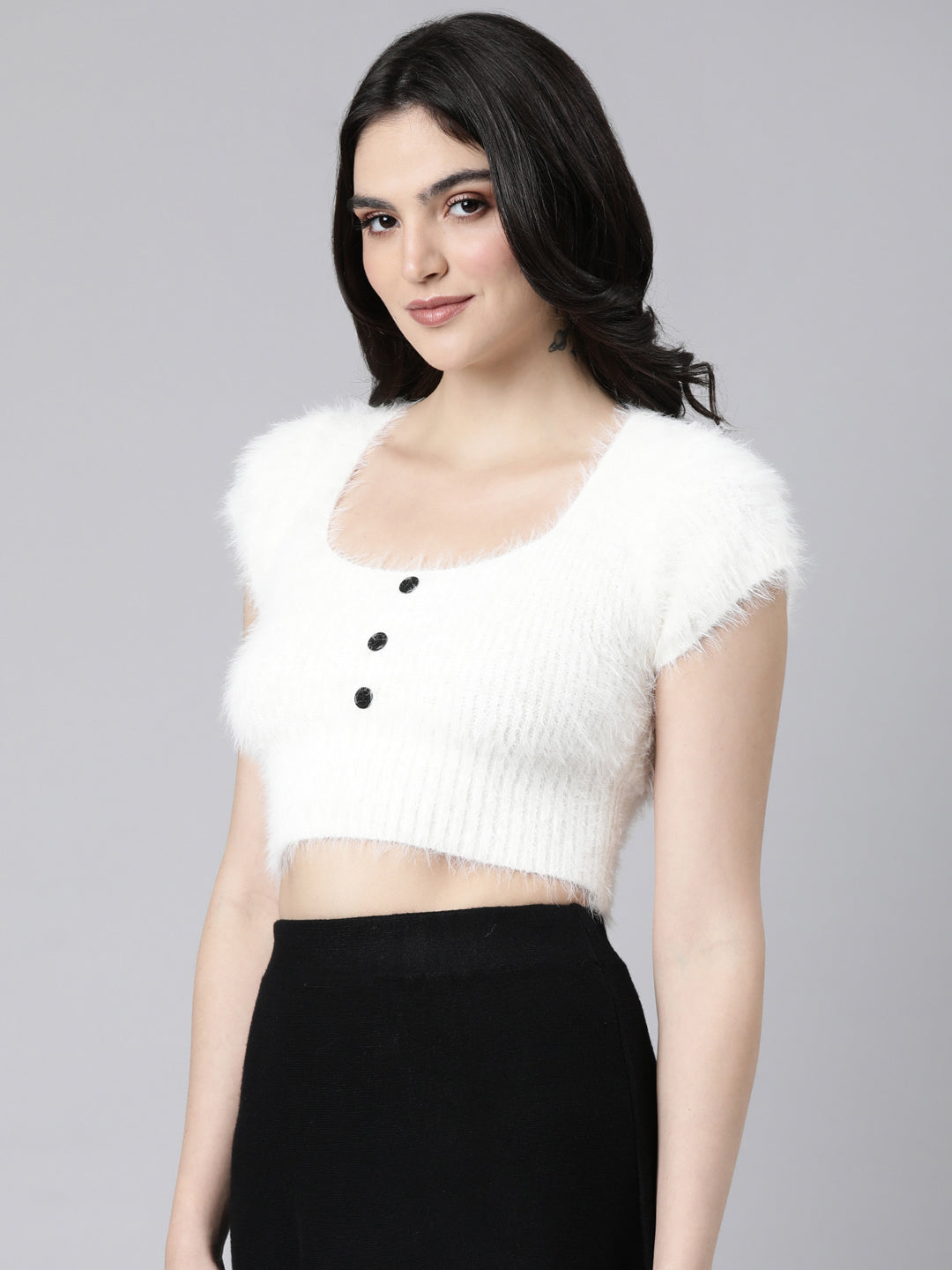 Women Solid Off White Fitted Crop Top