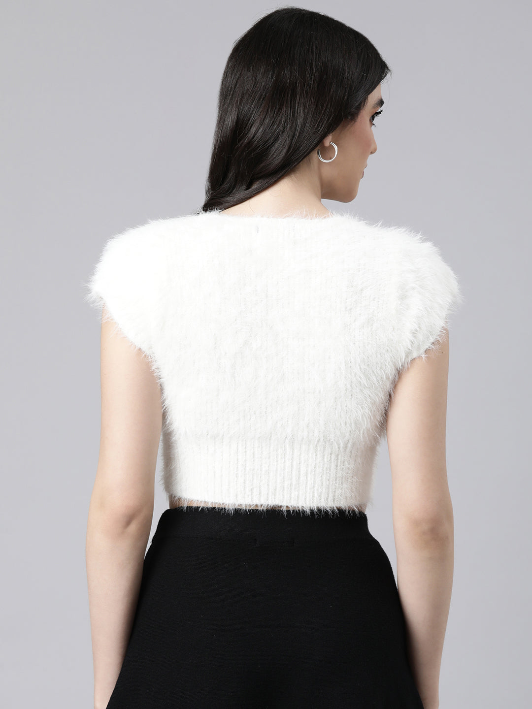 Women Solid Off White Fitted Crop Top