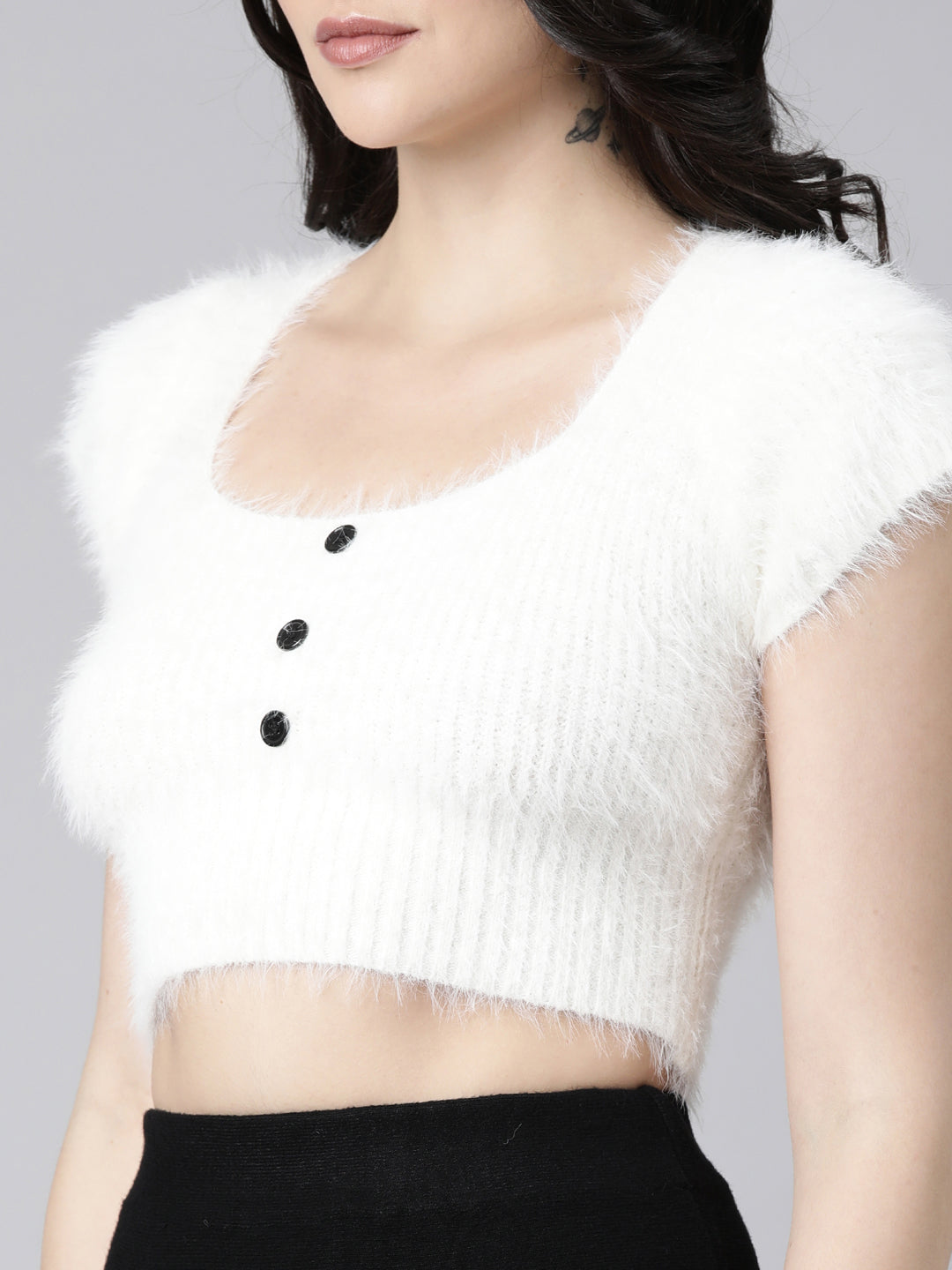 Women Solid Off White Fitted Crop Top