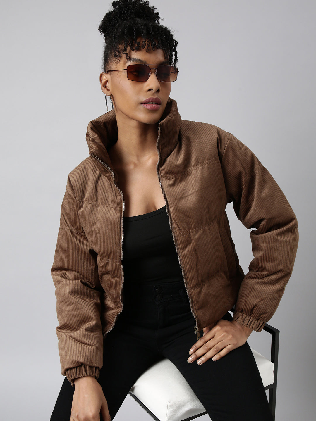 Women Solid Brown Puffer Jacket