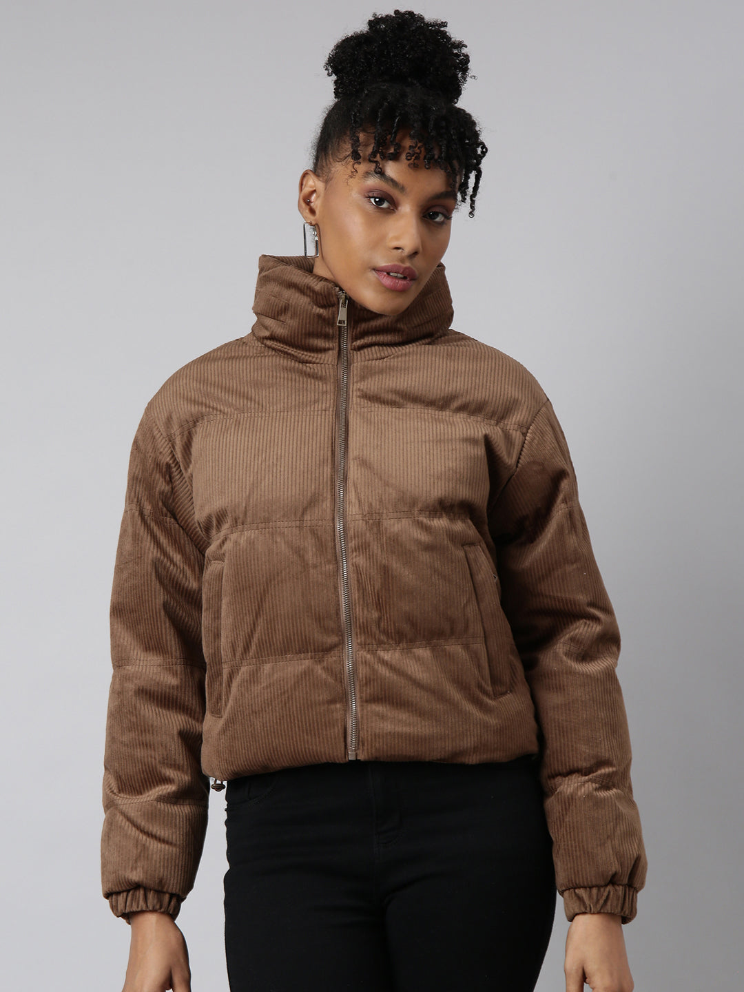 Women Solid Brown Puffer Jacket