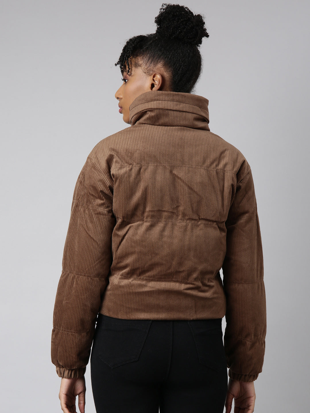 Women Solid Brown Puffer Jacket