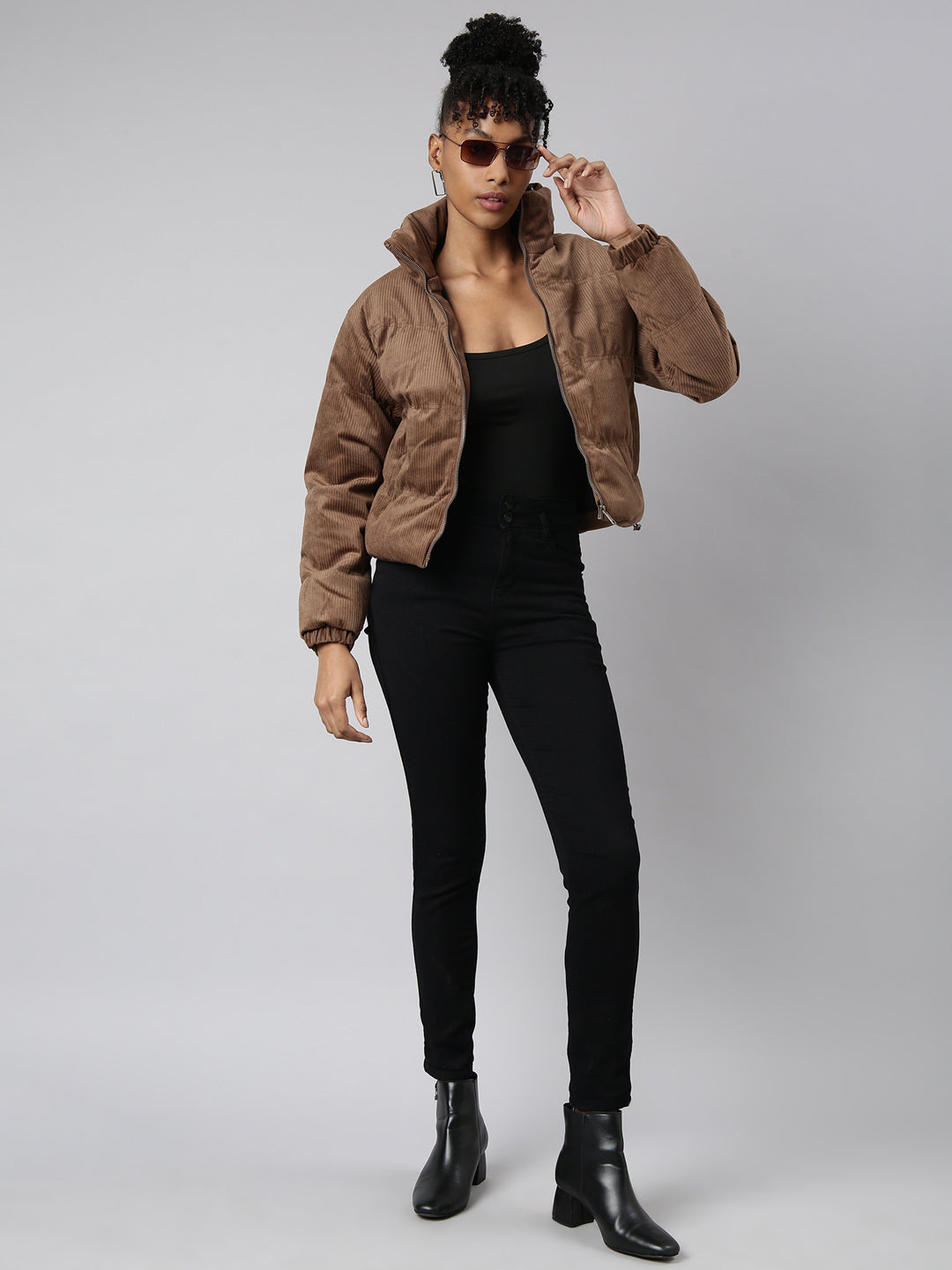 Women Solid Brown Puffer Jacket