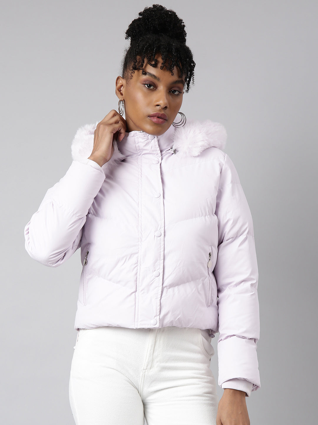 Women Solid Lavender Puffer Jacket Comes with Detachable Hood