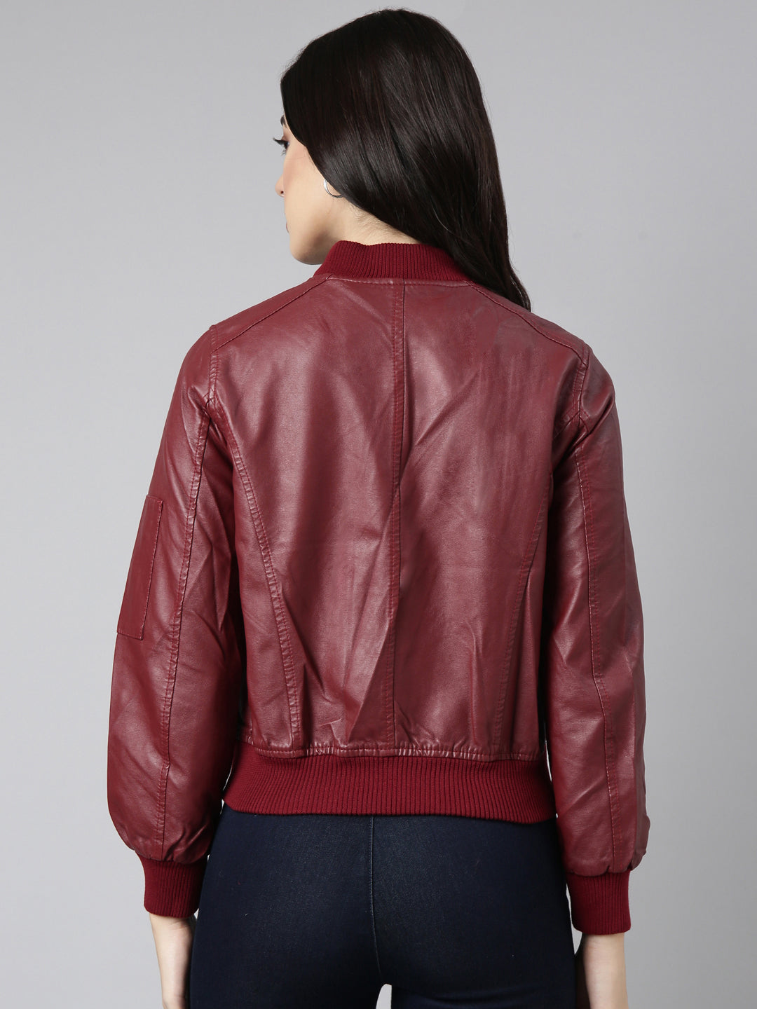 Women Solid Maroon Bomber Jacket