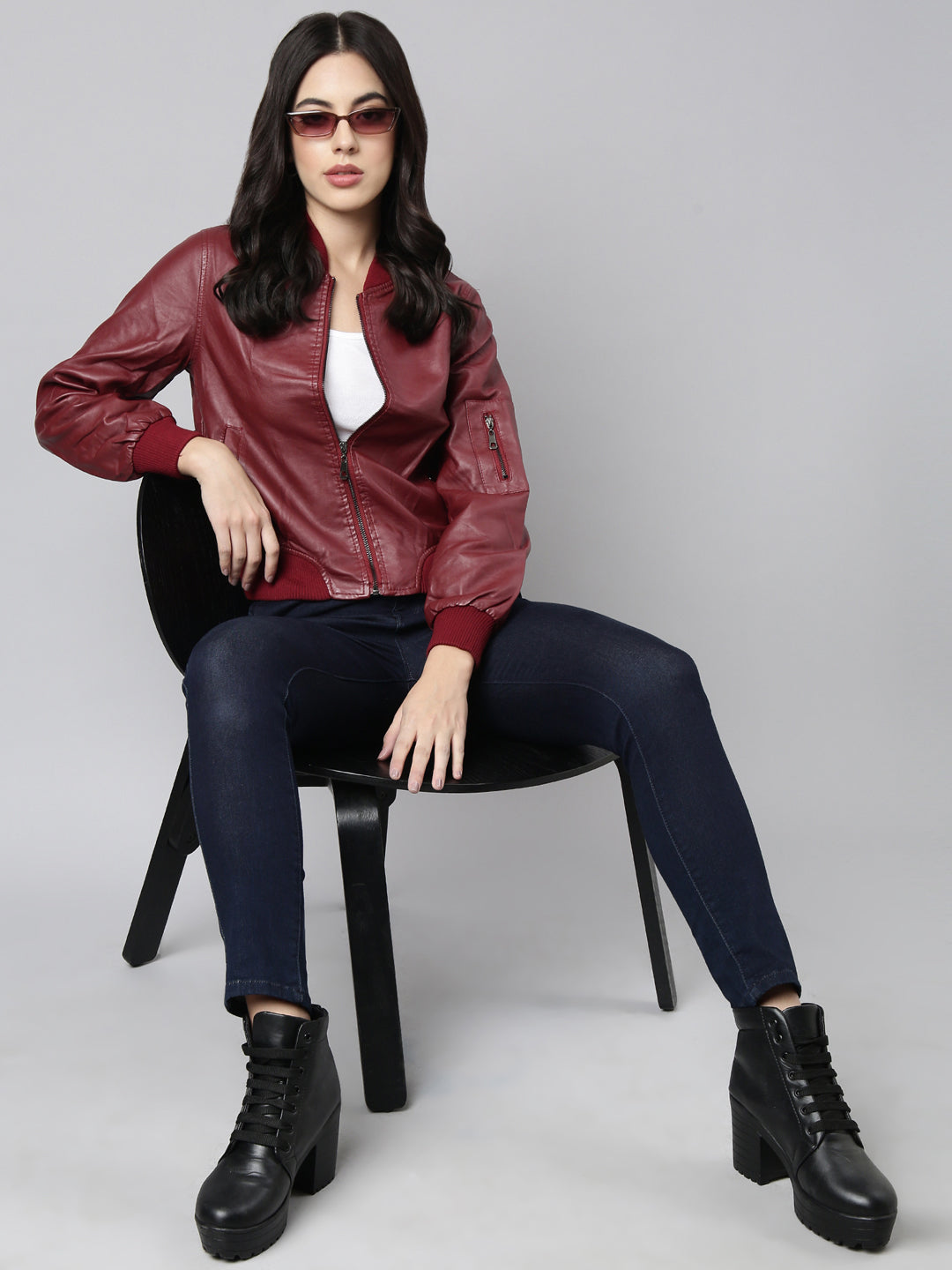 Women Solid Maroon Bomber Jacket