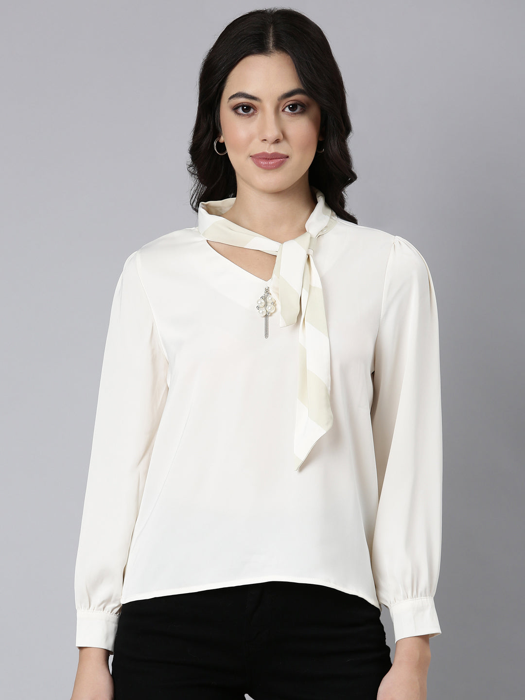 Women Solid Shirt Style Cream Top