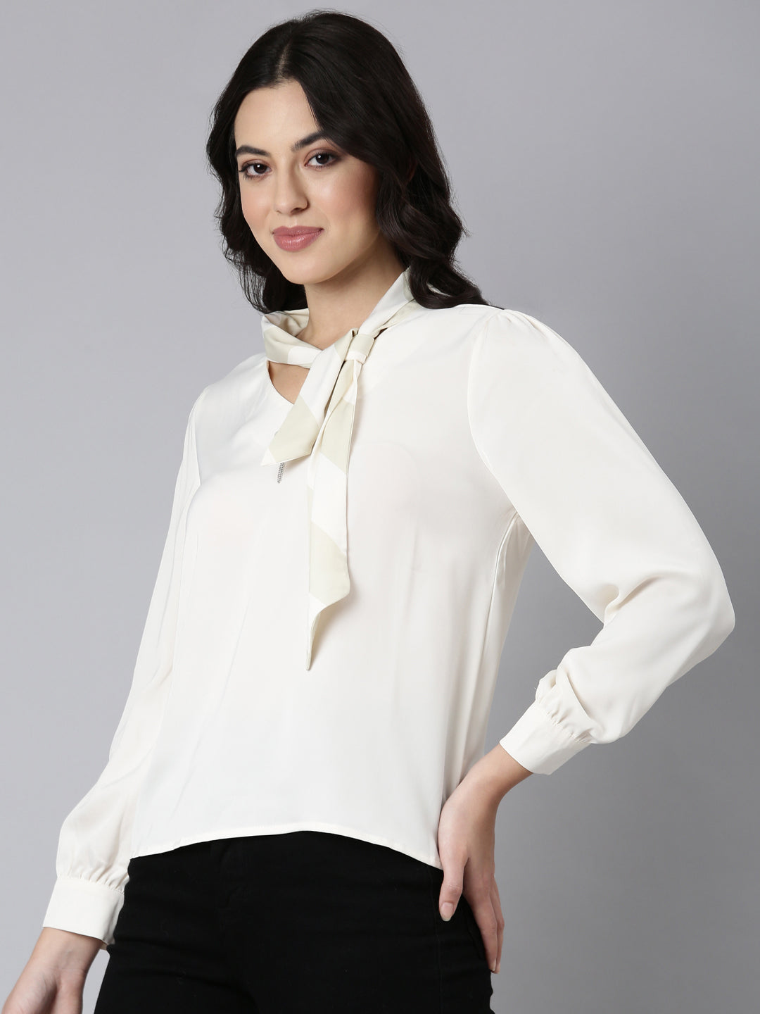 Women Solid Shirt Style Cream Top