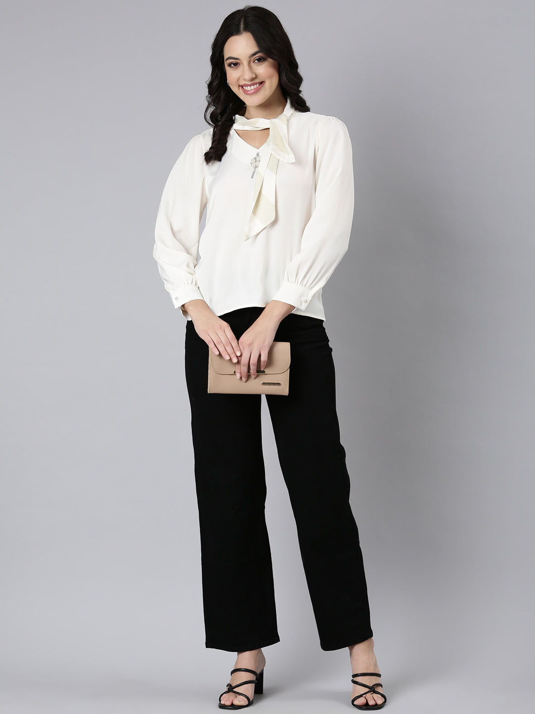 Women Solid Shirt Style Cream Top