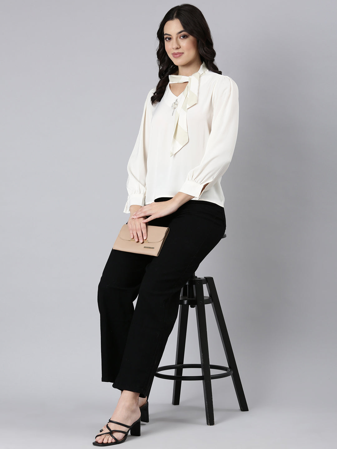 Women Solid Shirt Style Cream Top