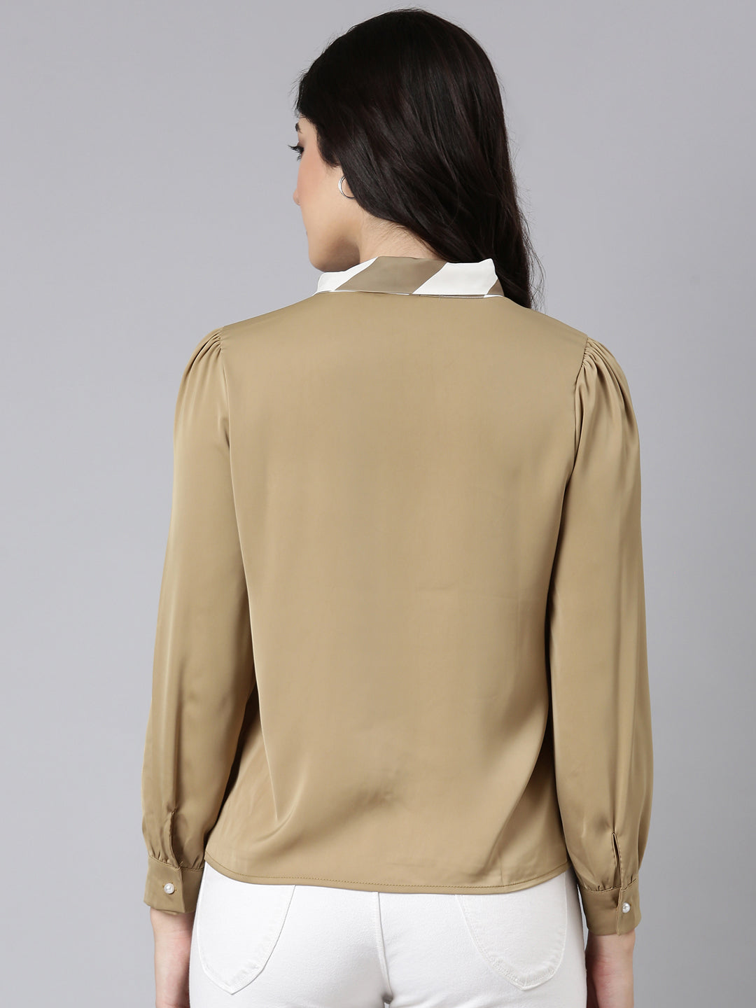 Women Solid Shirt Style Khaki Top