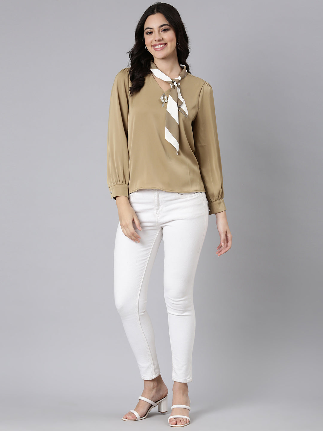 Women Solid Shirt Style Khaki Top