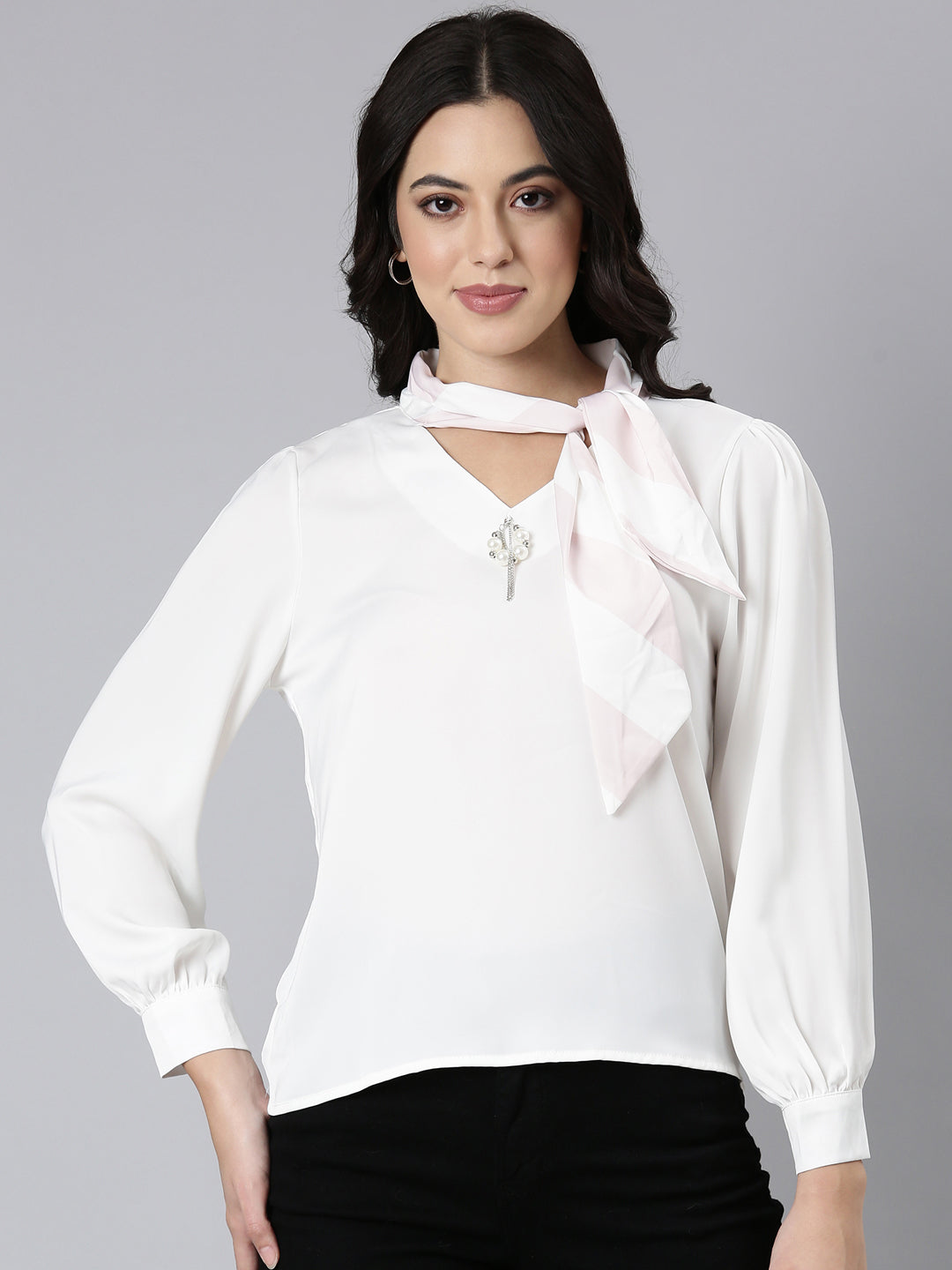 Women Solid Shirt Style Off White Top