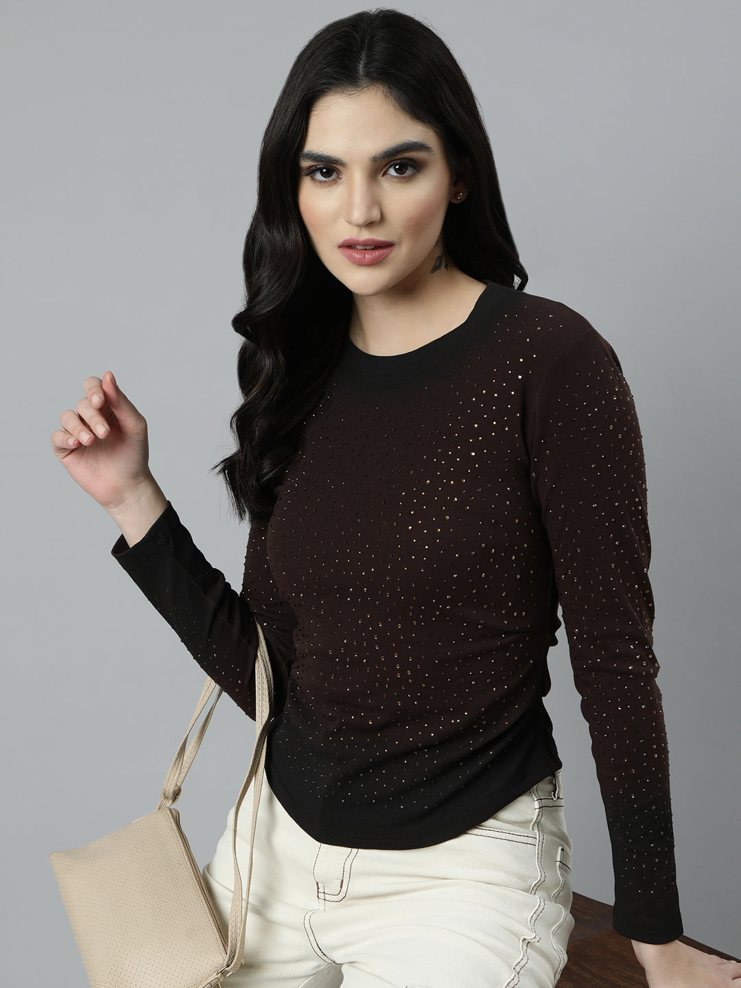 Women Embellished Brown Fitted Top