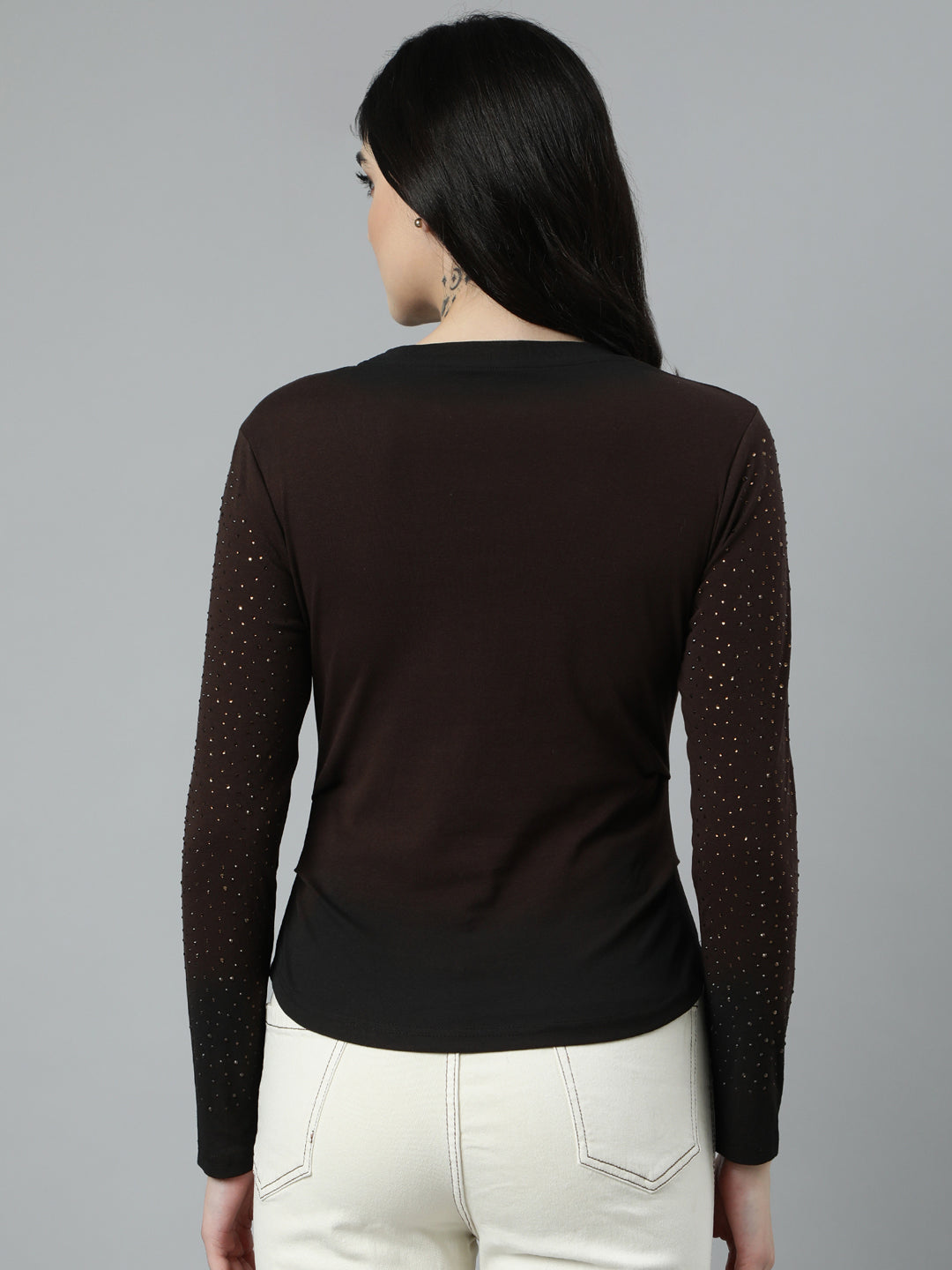 Women Embellished Brown Fitted Top