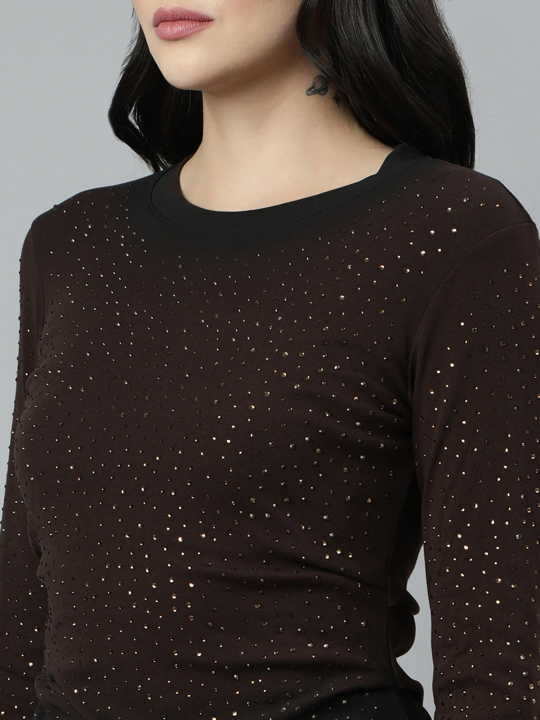 Women Embellished Brown Fitted Top