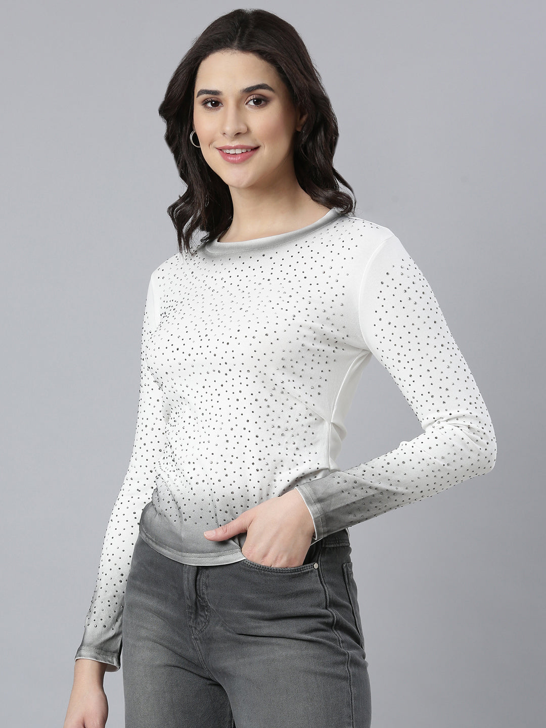 Women Embellished White Fitted Top