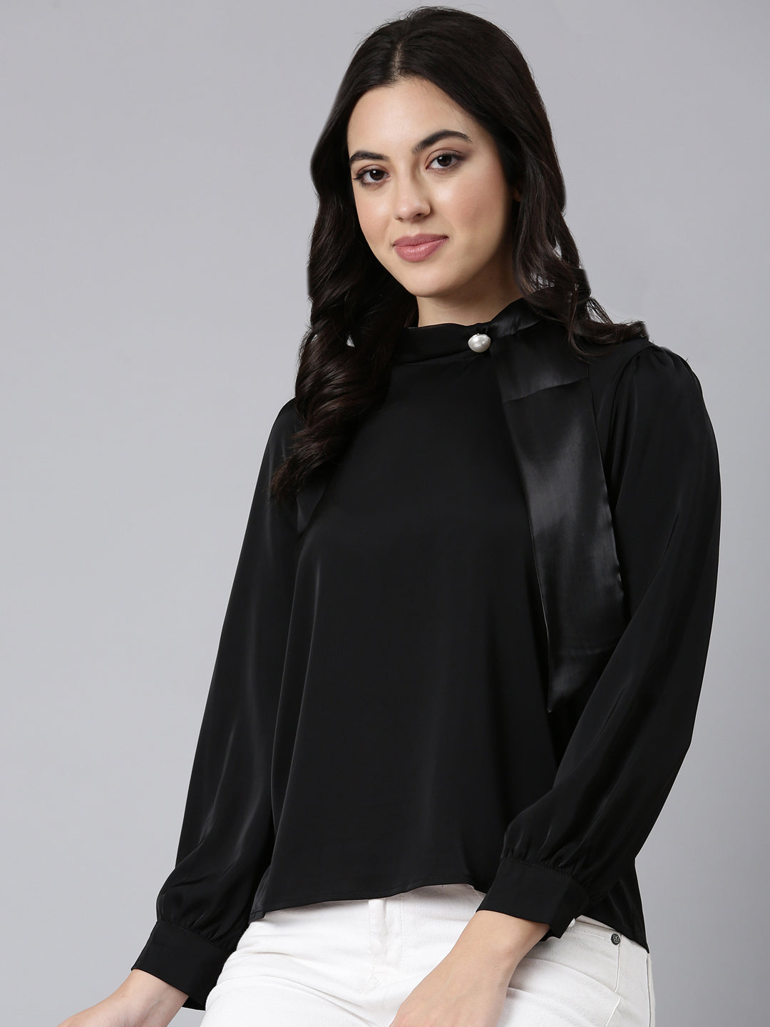 Women Solid Shirt Style Black Top