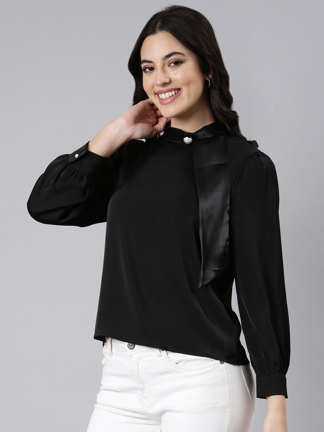 Women Solid Shirt Style Black Top