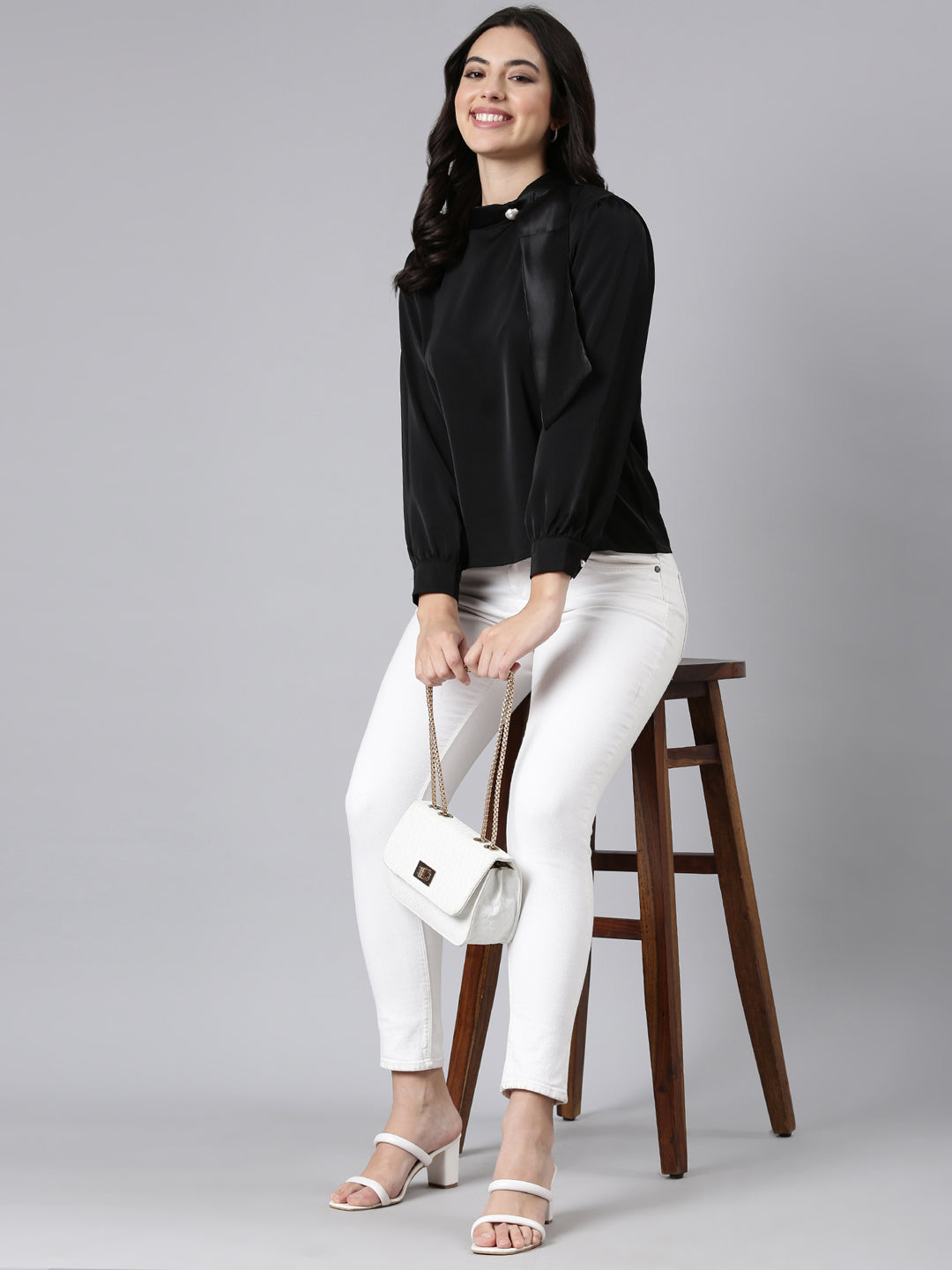 Women Solid Shirt Style Black Top