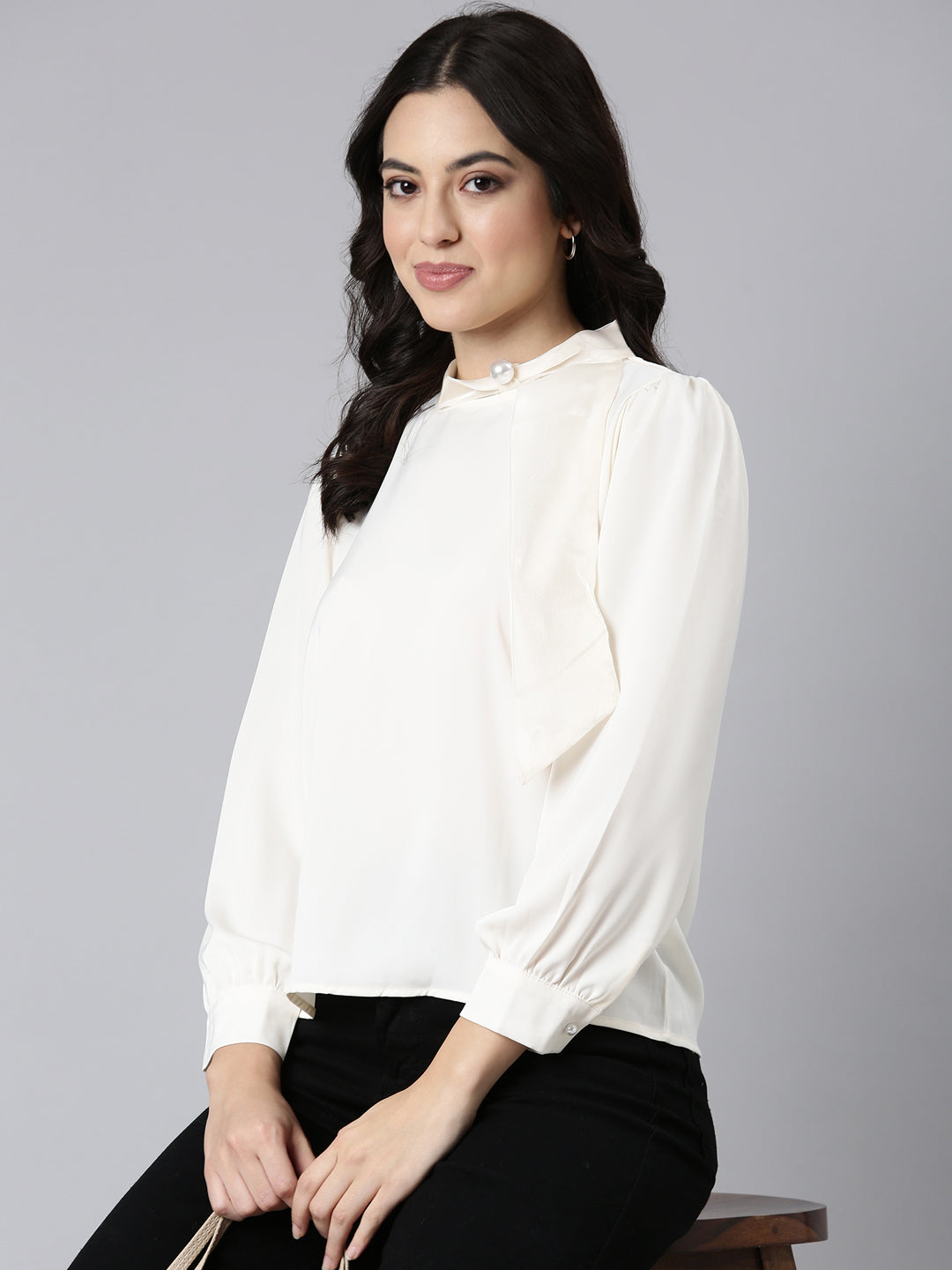 Women Solid Shirt Style Cream Top