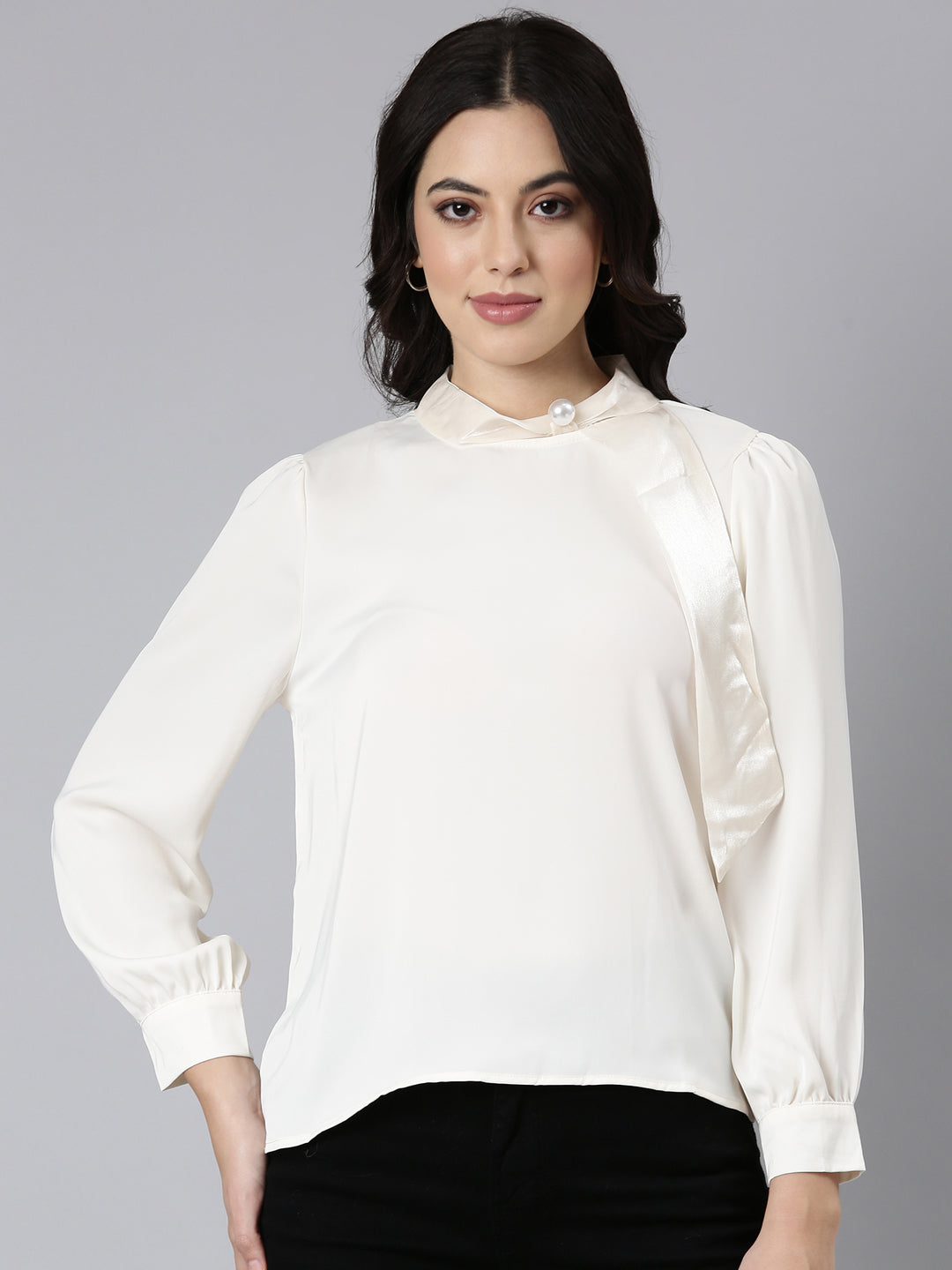 Women Solid Shirt Style Cream Top