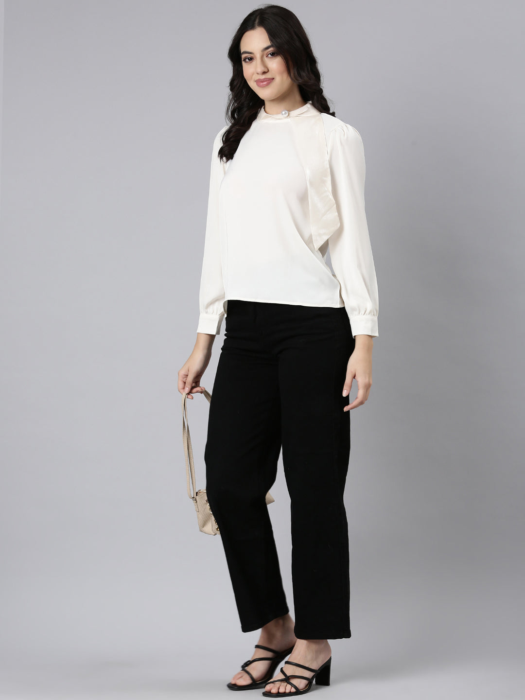 Women Solid Shirt Style Cream Top