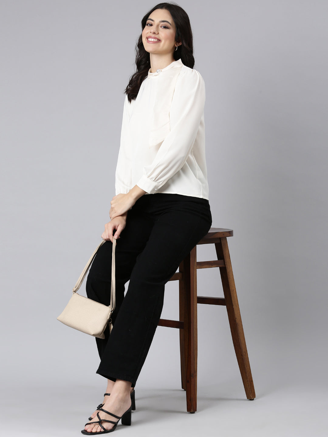 Women Solid Shirt Style Cream Top