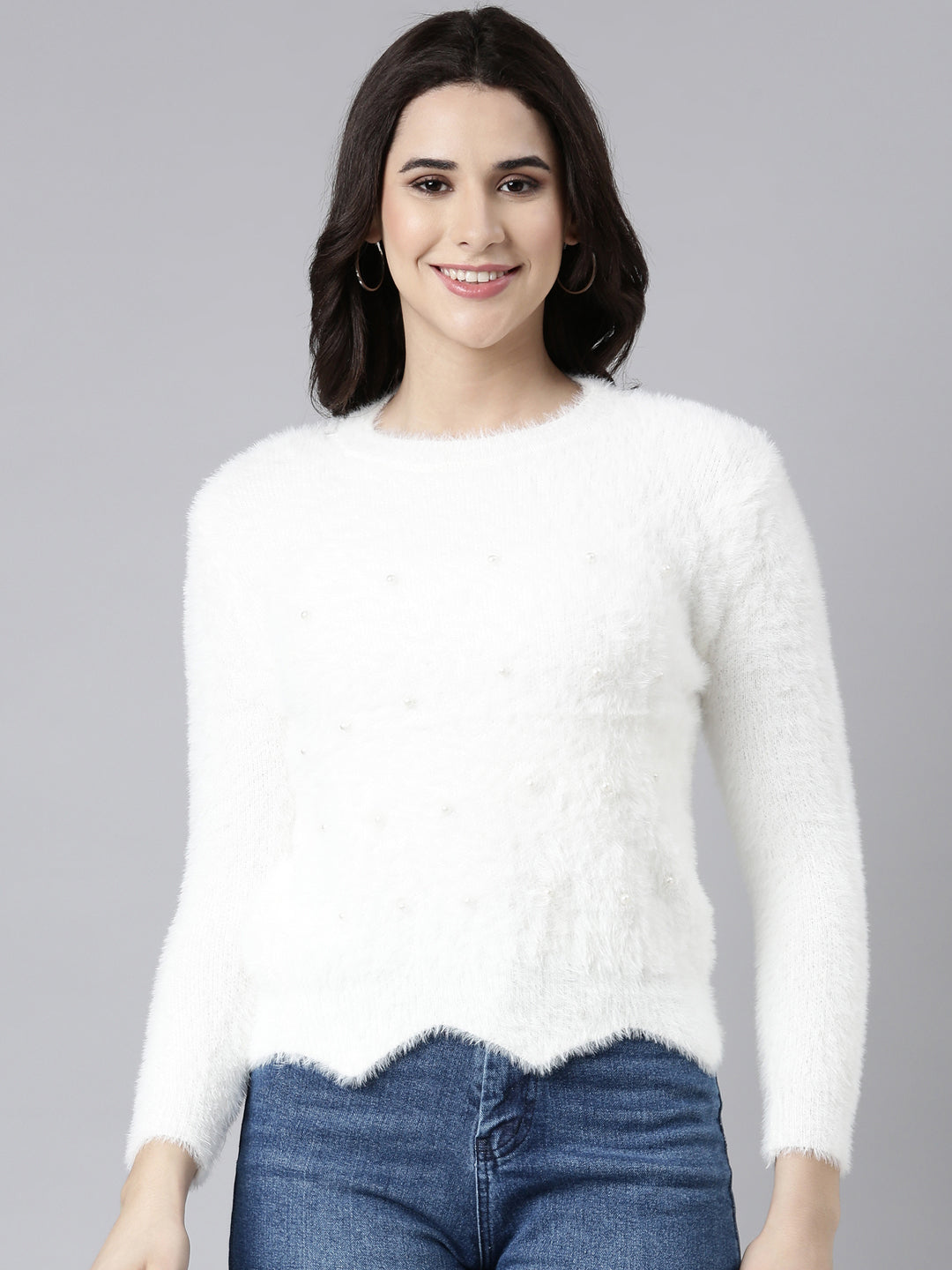 Women's Solid White Casual Pullover