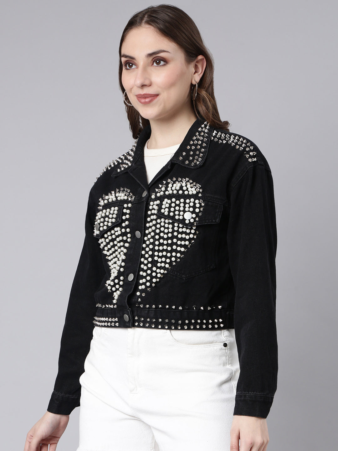 Women Solid Black Crop Drop Shoulder Denim Jacket