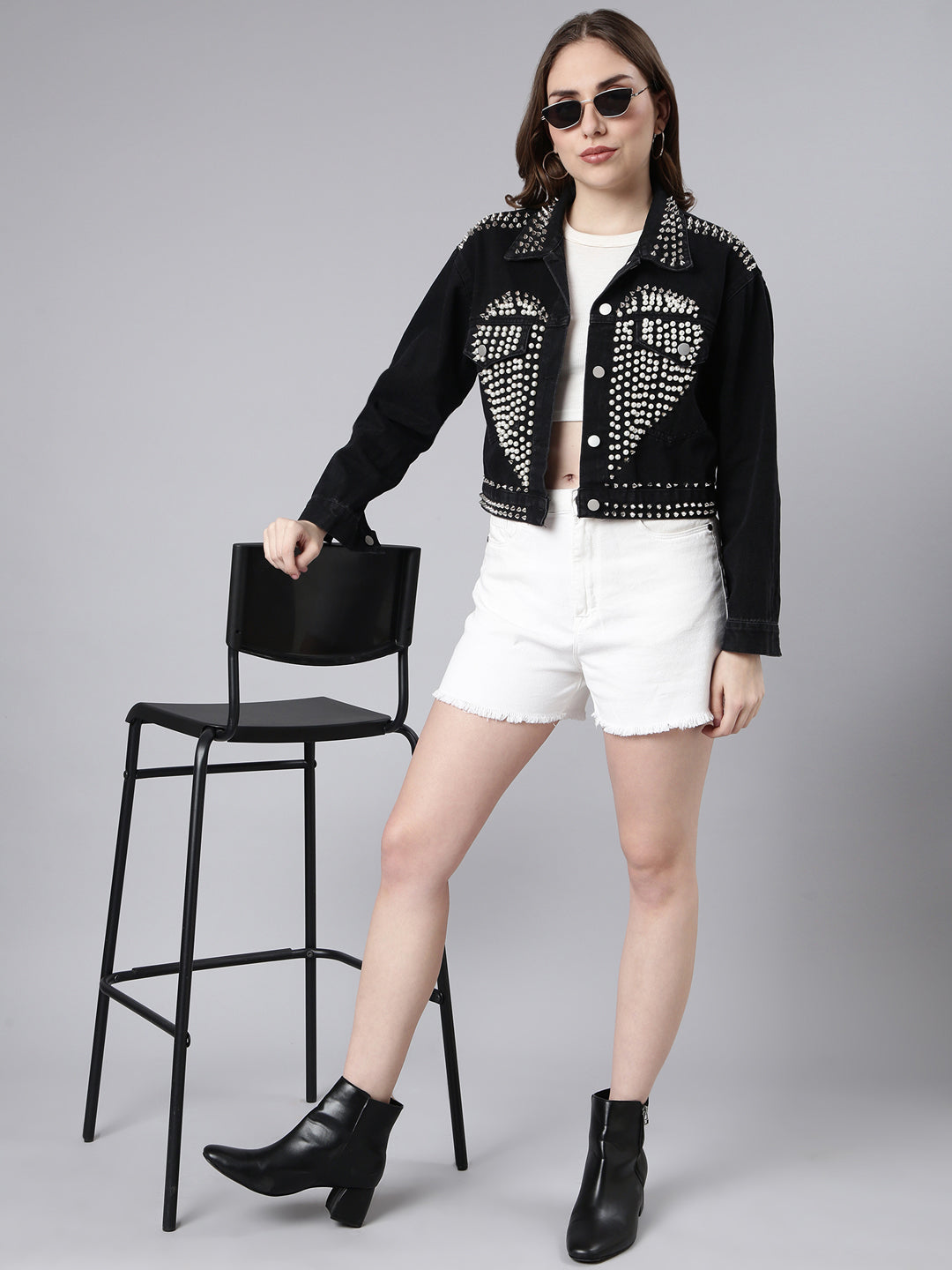 Women Solid Black Crop Drop Shoulder Denim Jacket