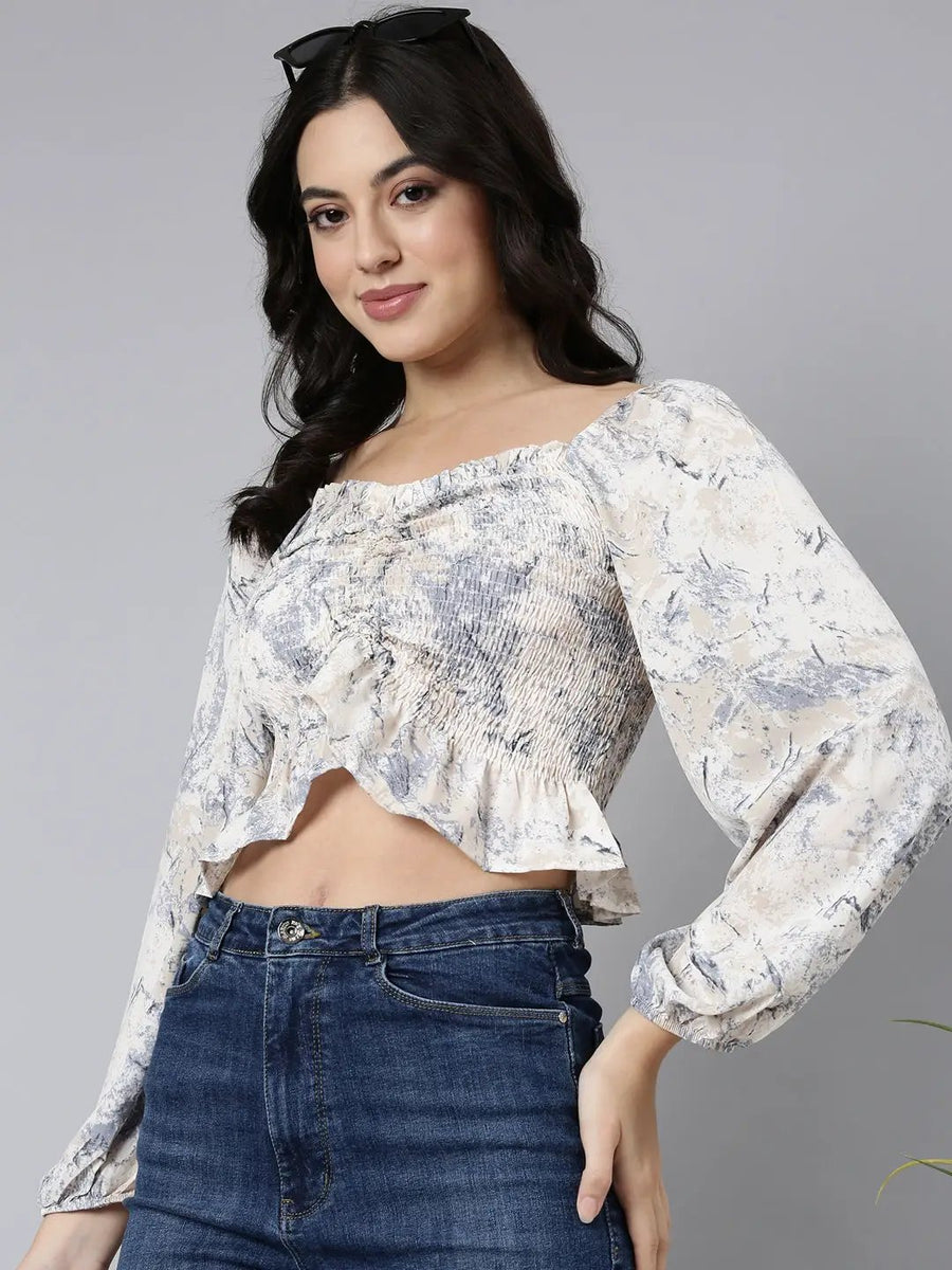 Shop Women's Cream Printed Sweetheart Neck Puff Sleeves Crop