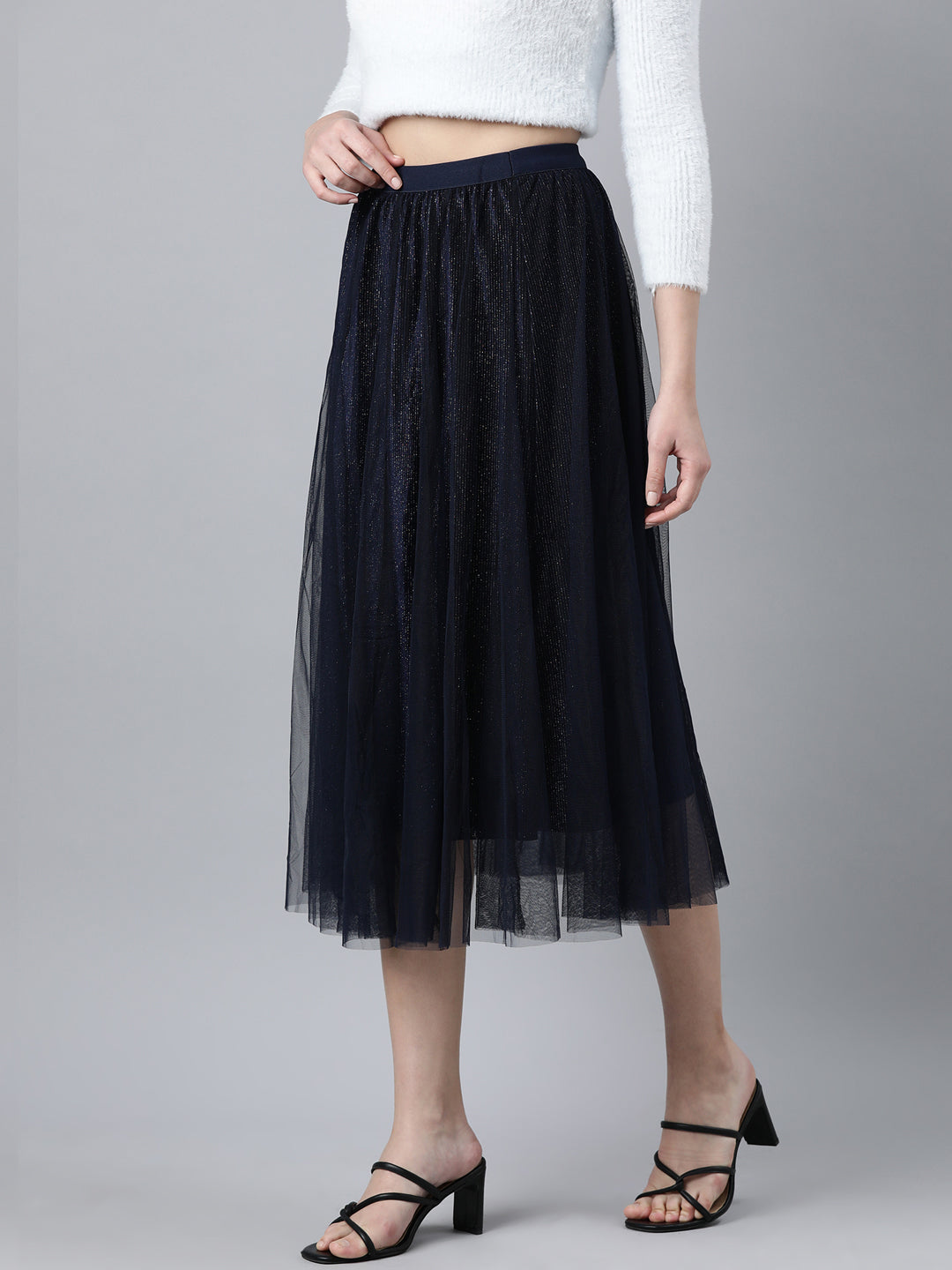 Women Solid Navy Blue Flared Midi Skirt