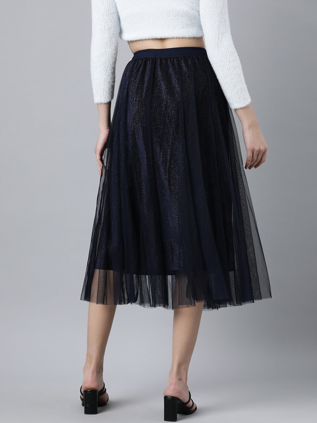 Women Solid Navy Blue Flared Midi Skirt