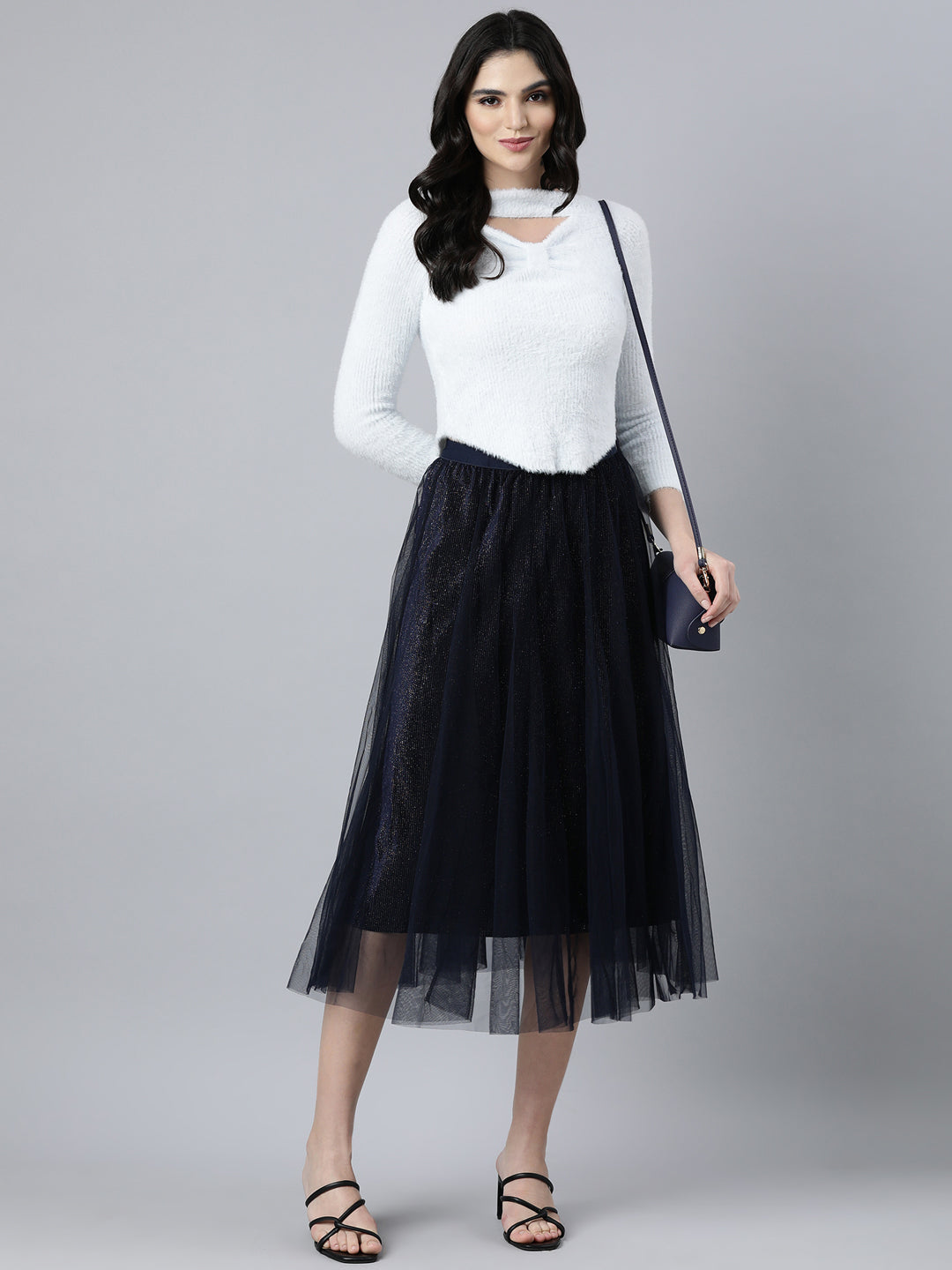 Women Solid Navy Blue Flared Midi Skirt