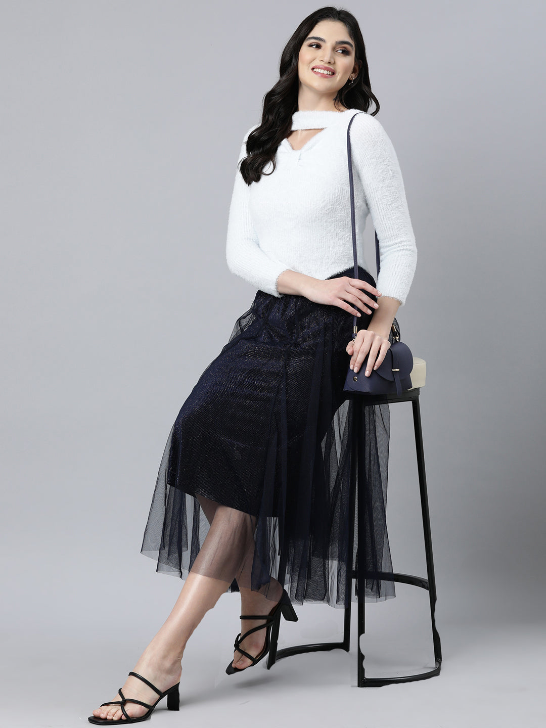 Women Solid Navy Blue Flared Midi Skirt