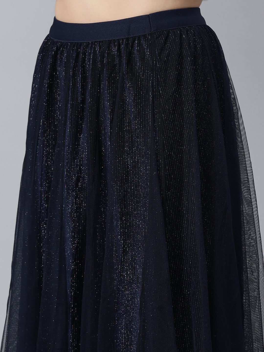 Women Solid Navy Blue Flared Midi Skirt