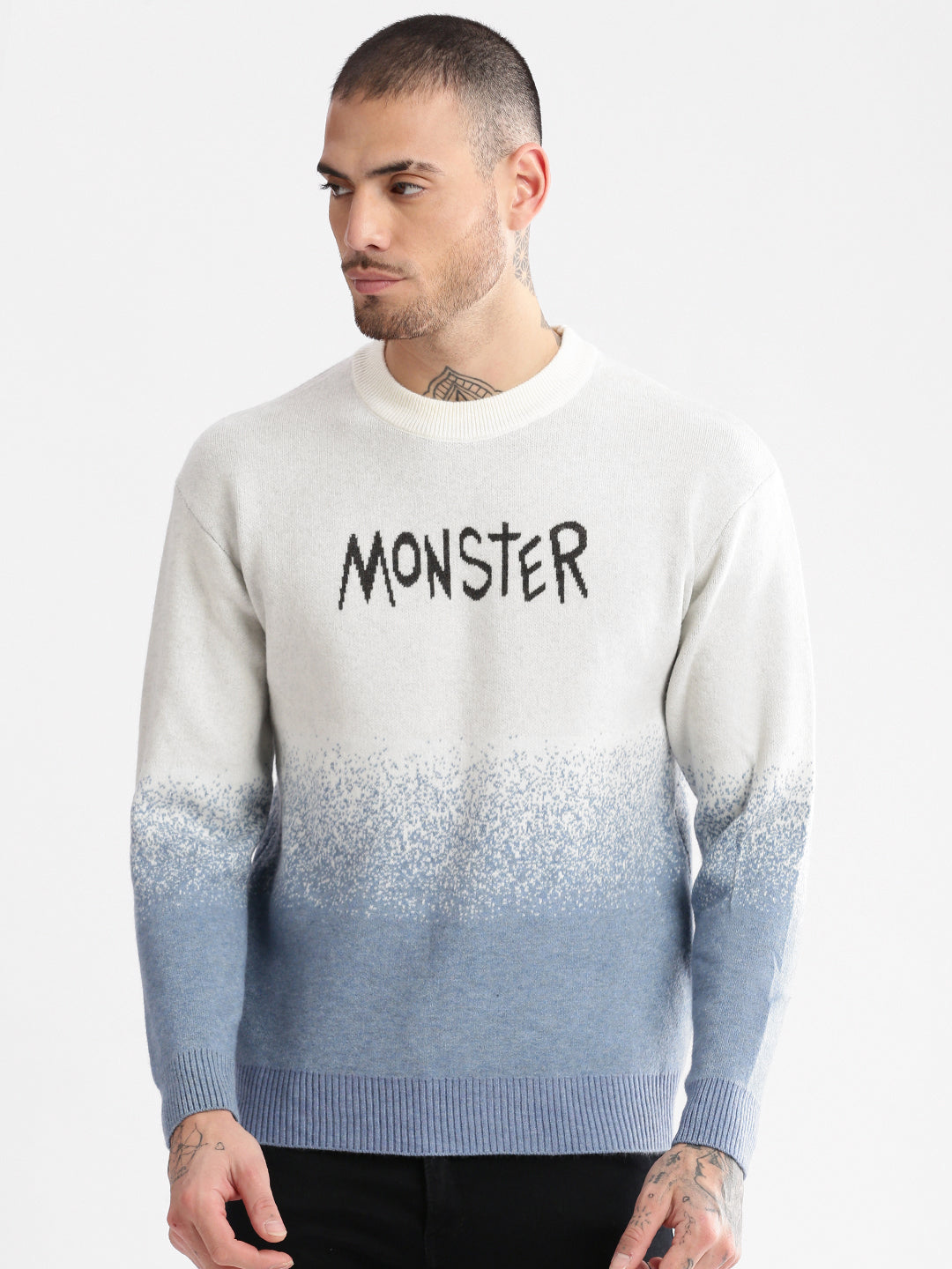 Men Round Neck Typography Blue Pullover