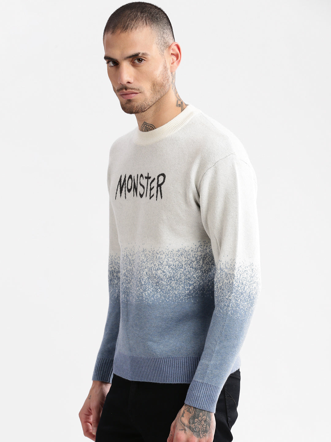 Men Round Neck Typography Blue Pullover