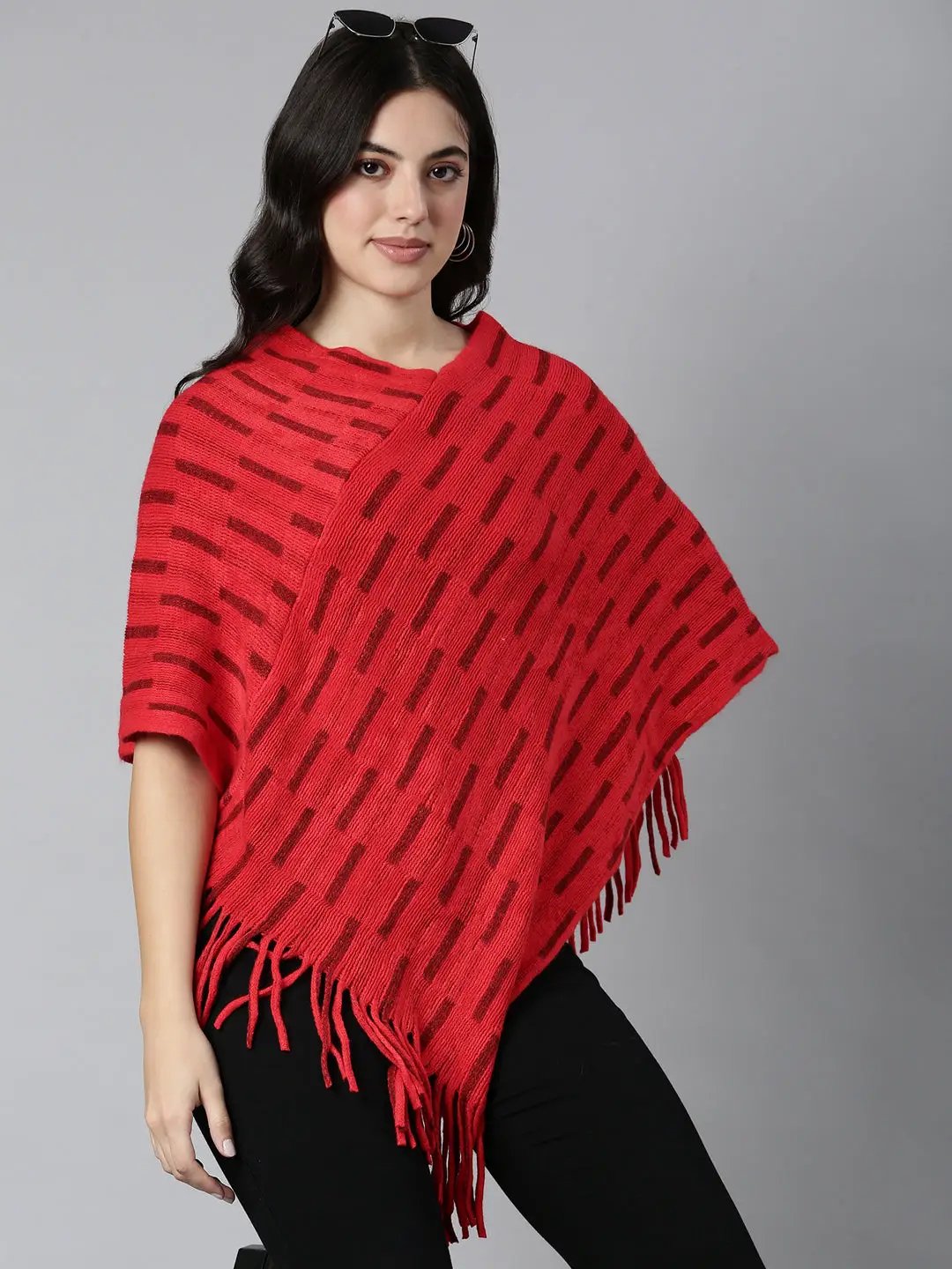 Women's Striped Red Poncho