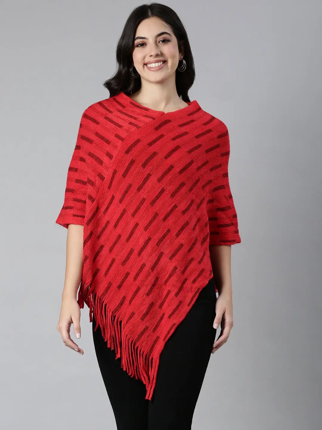 Women's Striped Red Poncho