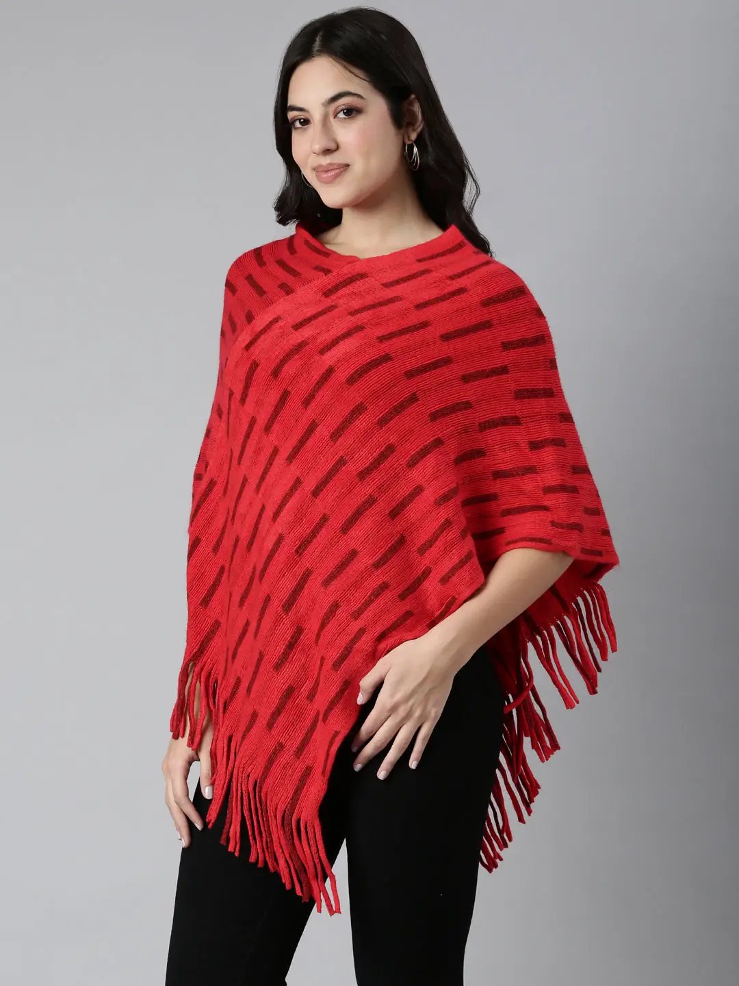 Women's Striped Red Poncho