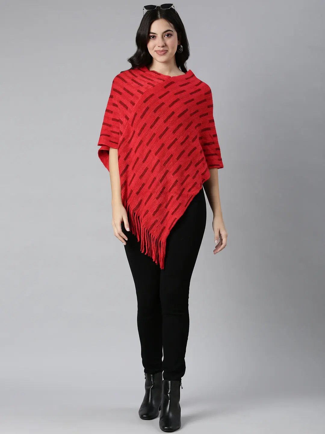 Women's Striped Red Poncho